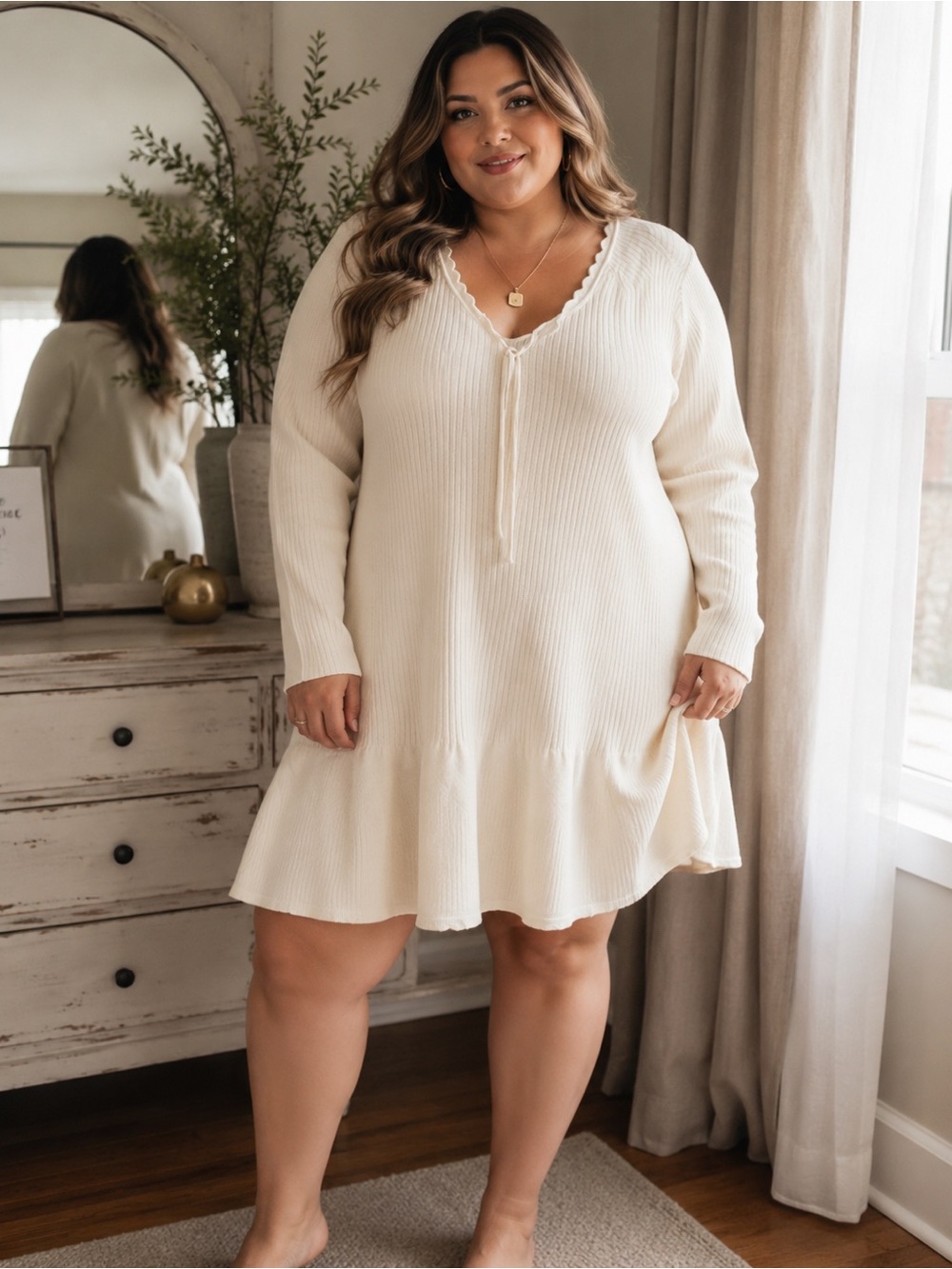 LS Scalloped Neck Ribbed Knit Dress Cream XXL Coastal Scandinavian French Chic